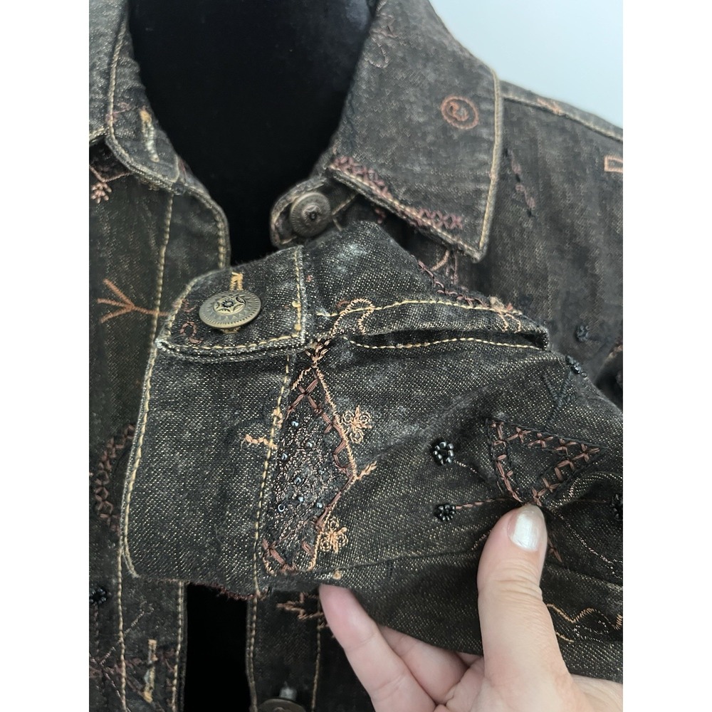 Chicos Size 2 Washed Black Embroidered Beaded Silk Lined Denim Jacket Cotton - Picture 5 of 9